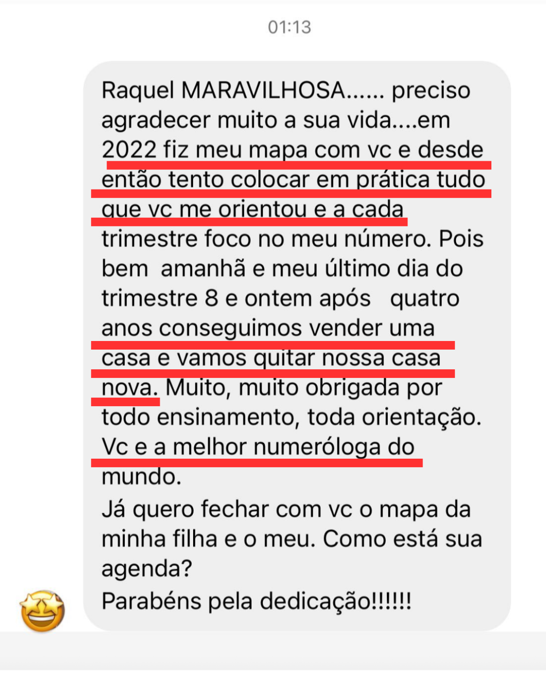 Depoimento real de aluna sobre a numerologia de Raquel Vieira